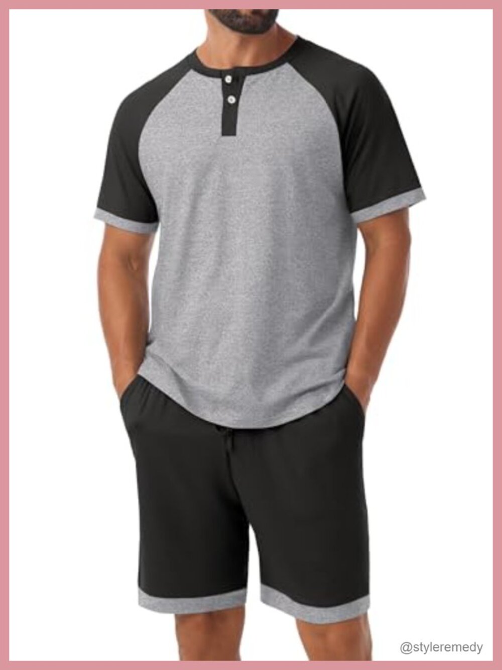 Men's Henley Pajama Set Short Sleeve Lounge Sleepwear Soft Summer PJs
